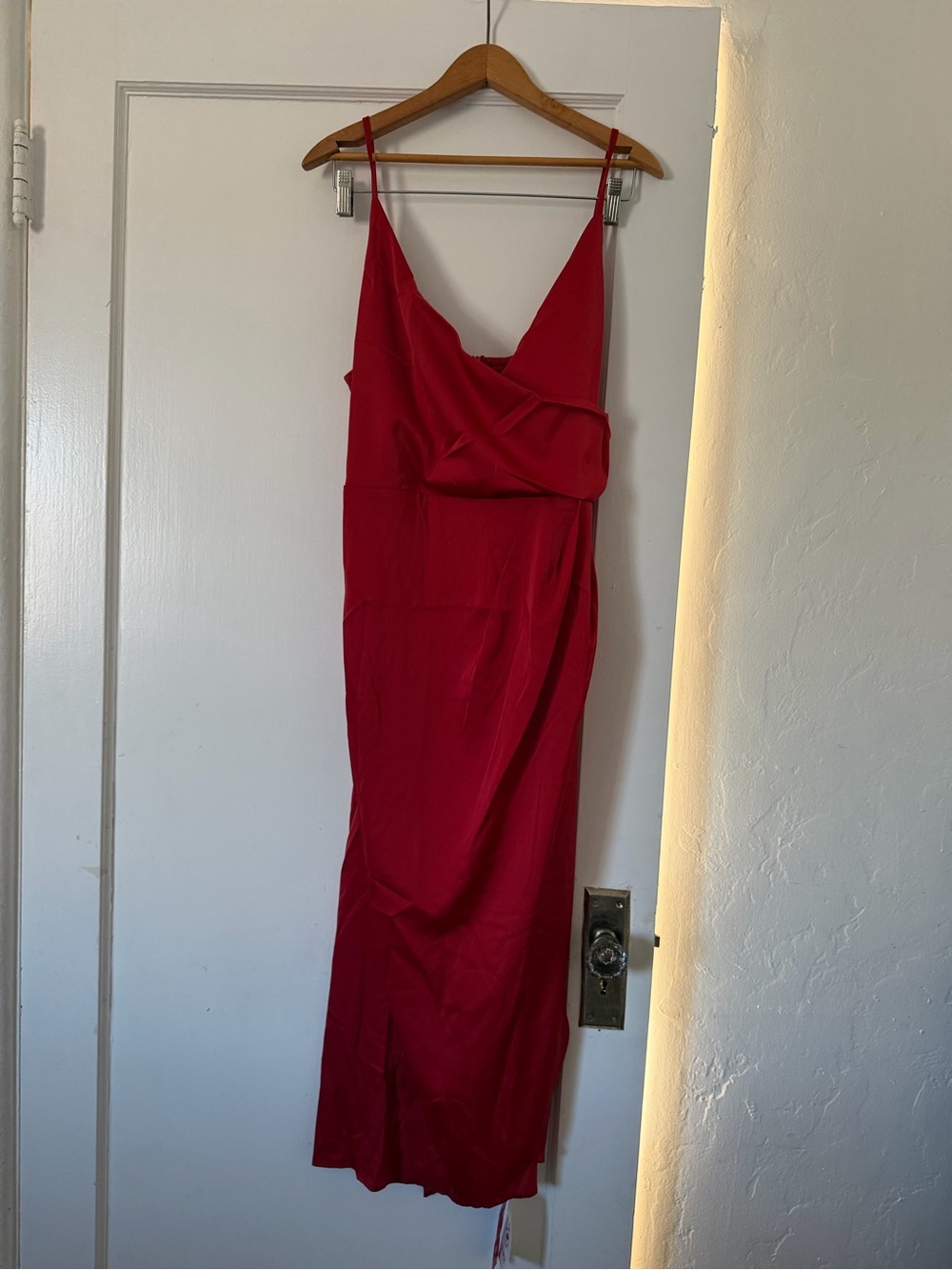 Cider Red Satin Slip Midi Dress with Spaghetti Straps